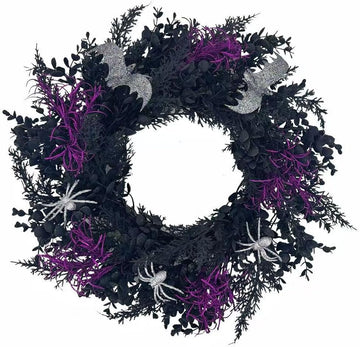 Halloween Wreath for Front Door, 20 Inch Creepy Wreath with Silver Spiders & Bats Purple Plants, Spooky Durable