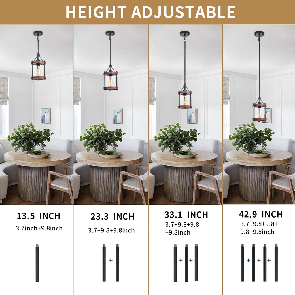 Farmhouse Pendant Light, Rustic Walnut Wood Metal Cage Hanging Light Fixtures with Glass, Adjustable for Flat and