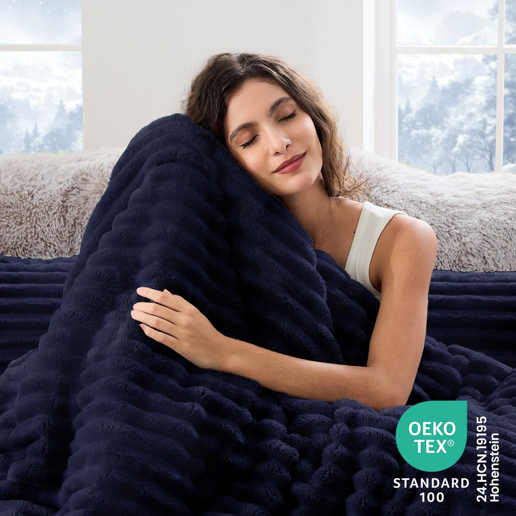 Fluffy Comforter Set, 3 PC Soft Fleece Bedding, Navy Blue