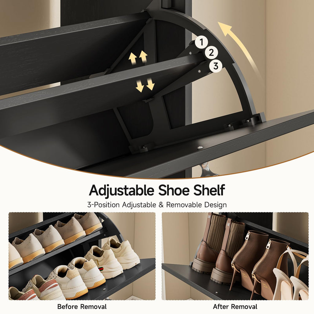 Shoe Cabinet with 4 Flip Drawers & 2 Side Hooks, Black