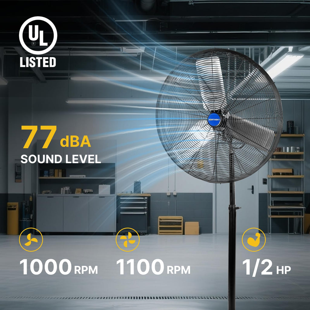 24 Inch High Velocity Oscillating Pedestal Fan,9500 CFM Airflow Heavy Duty Industrial Standing Fan, 2 Speeds, 1/2 HP