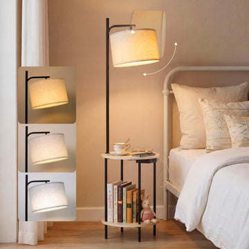 Floor Lamp with Table, USB/Type-C/AC Charging Ports, 9W LED Bulb, Round Table & Nightstand (Light Off-White)