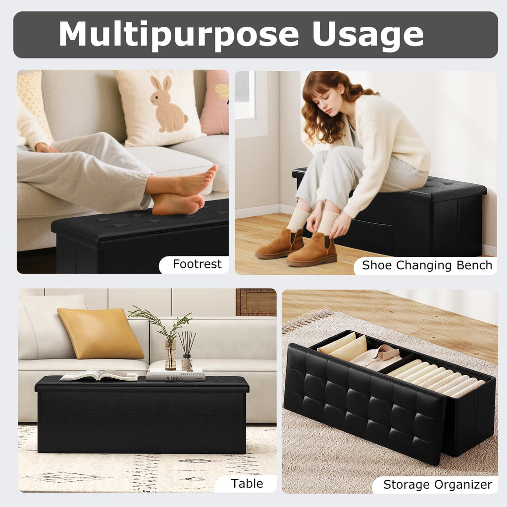 Folding Storage Ottoman Faux Leather Large Bench Foot Rest Pouffe Box Stool Seat Folding Storage Box, Black (Black)