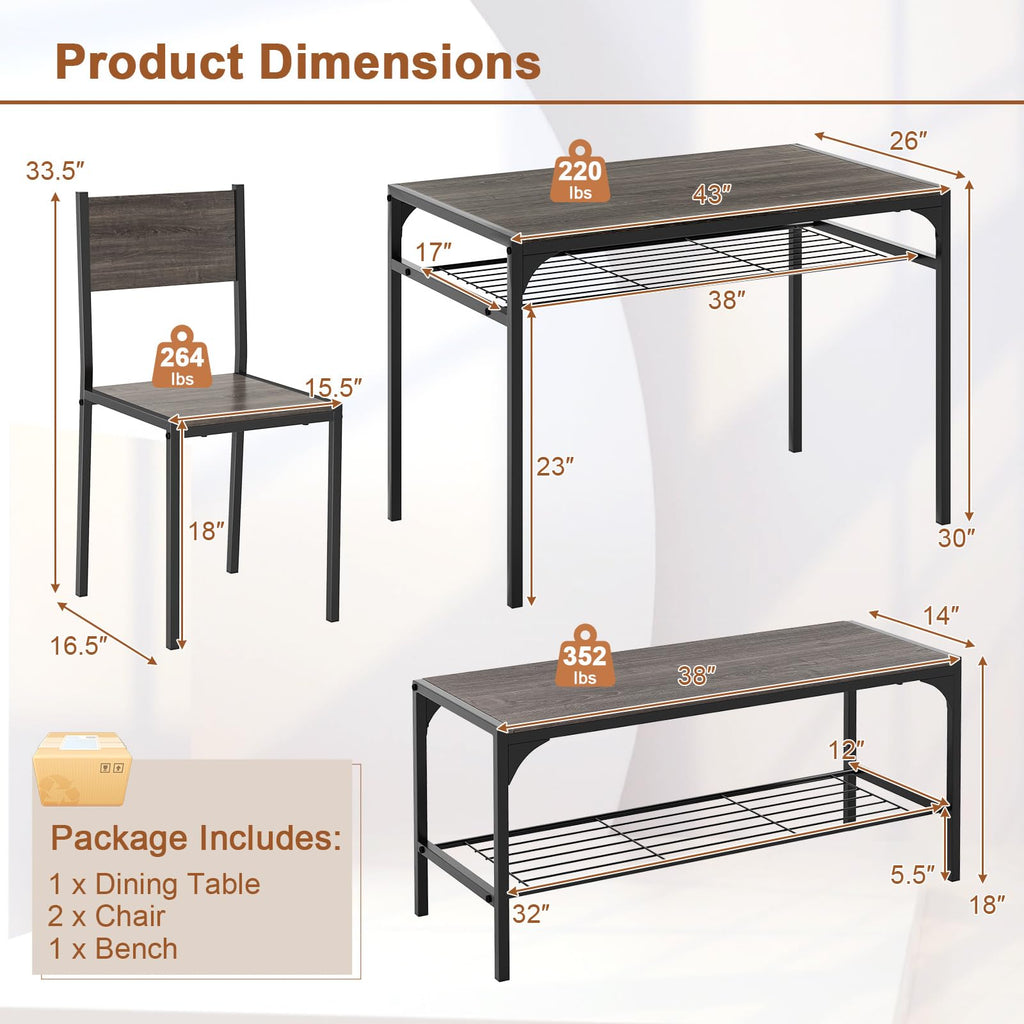 4-Piece Dining Table Set for 4, Industrial Kitchen Table with 2 Chairs and Bench, Space-Saving Dinette Set with Metal