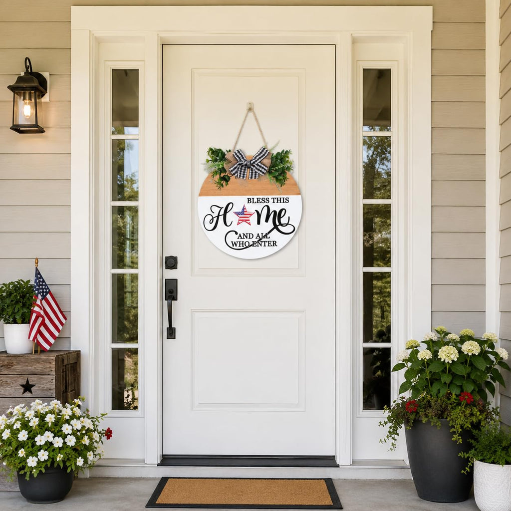 Interchangeable Welcome Sign for Front Door with 4 Seasonal Wreath and 14 Changeable Icons, Bless This Home for