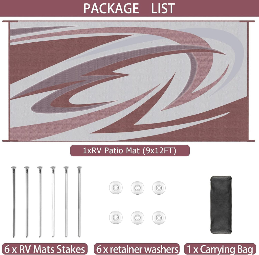 9X12FT Durable RV Outdoor Rugs for Camping RV Mat Modern Wave Design - 9×12 Burgundy