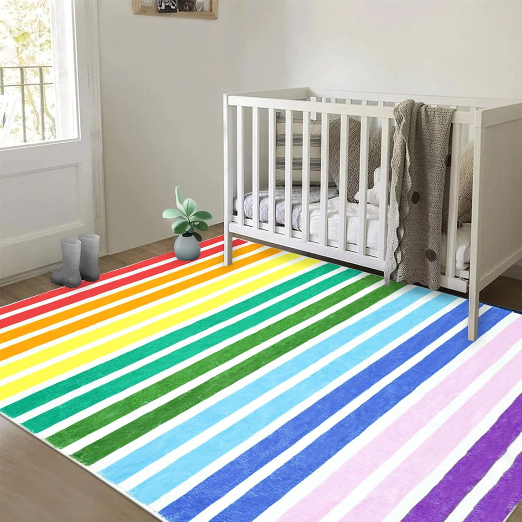 Rainbow Area Rugs Little Striped Rainbow Rug Soft Non-Slip Machine Washable Carpets Bedroom Classroom Dining