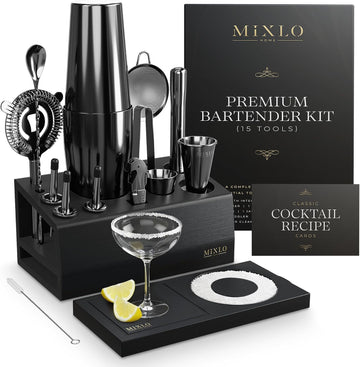 Mixology Bartender Kit - Bar Set Cocktail Shaker Set w Black Bar Cart Accessories Stand - Shakers Bartending - Set of 15