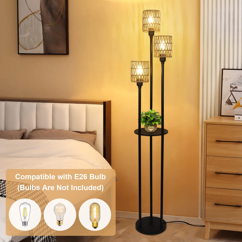 Boho Floor Lamp with Shelves, 3-Lights Farmhouse Tall Floor Lamp with ON/Off Foot Switch, Rustic Standing Lamp with