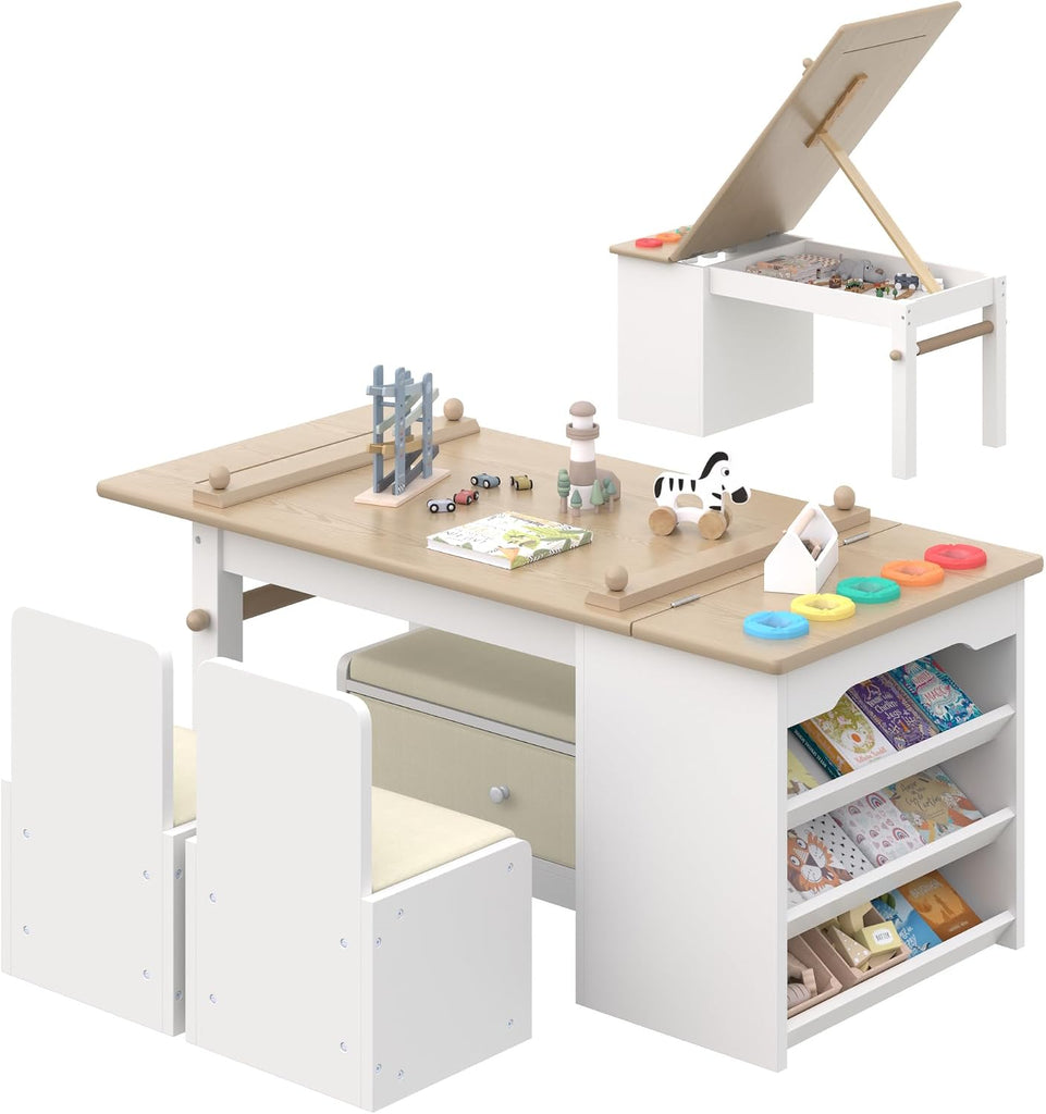 3 in 1 Kids Art Table and Chair Set, Art Desk & Easel with Storage Drawers