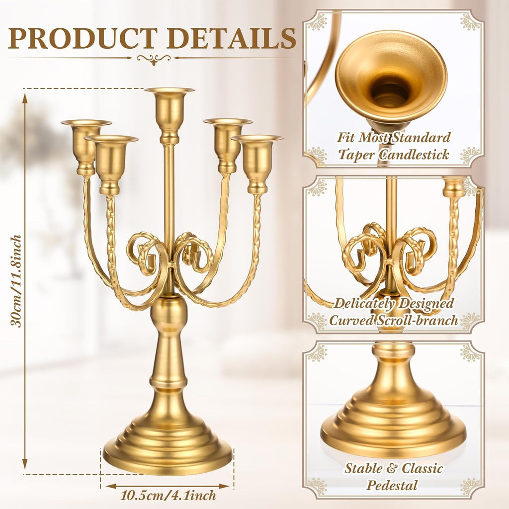 6 Pcs Gold Candelabra Candle Holders 5 Arm 12" Metal Candlestick Holder Gold Candelabra Centerpieces for Tables