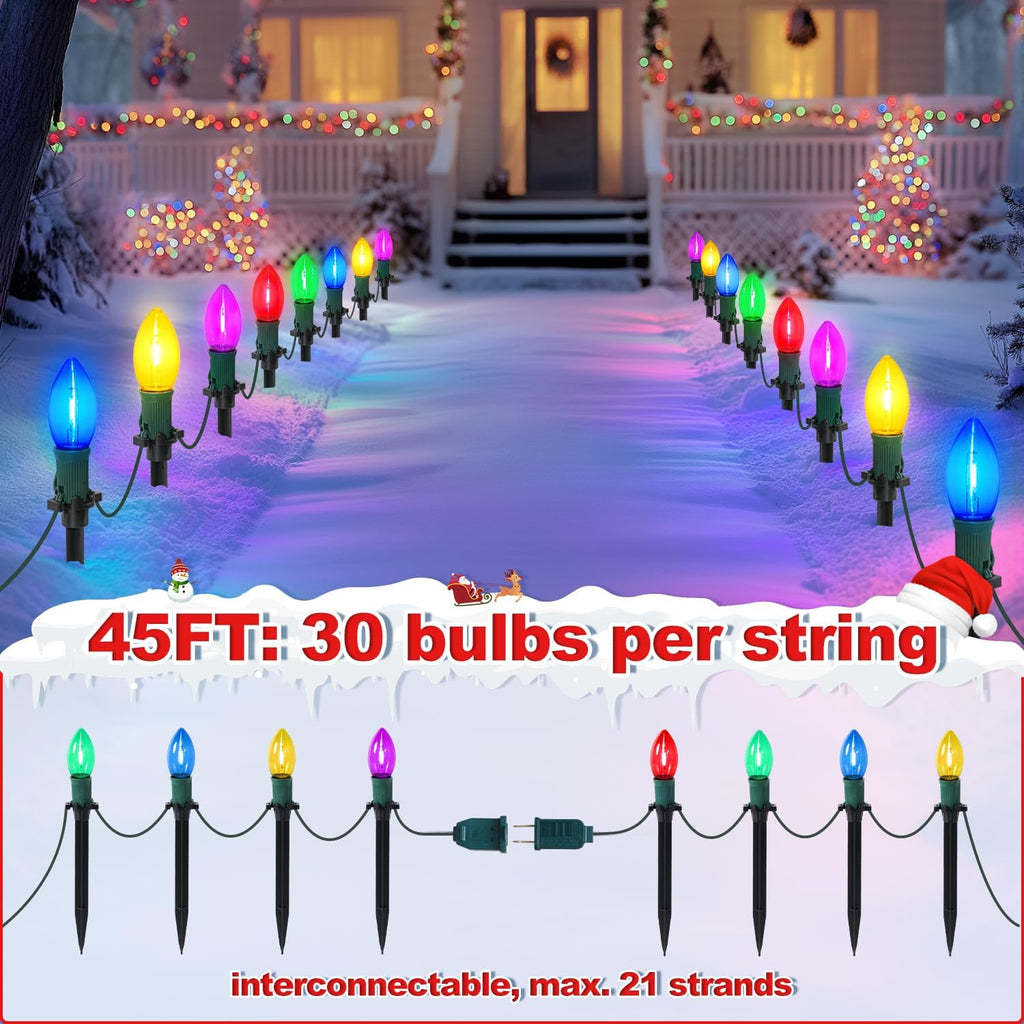 45Ft C9 Led Christmas Pathway Lights Outdoor, 30 Multicolor Bulbs Waterproof Connectable Christmas Walkway Lights for
