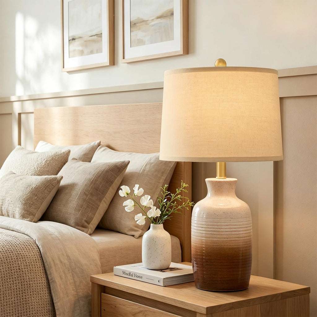 24'' Farmhouse Handcrafted Table Lamp, Rustic Ceramic Bedroom Lamps for Night Stands, Bedside Lamps with Soft Ombre