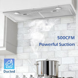 30 Inch Stainless Steel Range Hood Insert 500 CFM 4 Speed LED Lights Dishwasher-Safe Baffle Filters