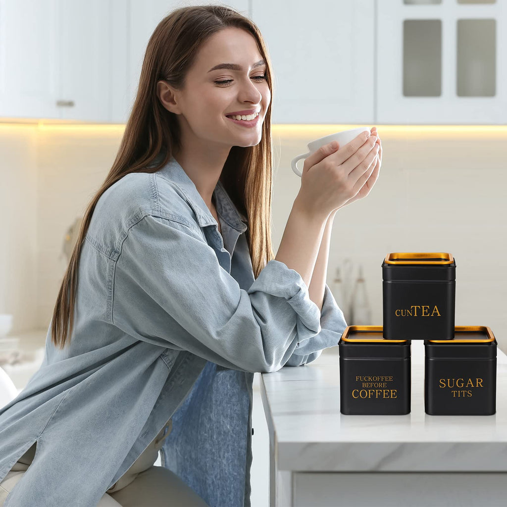 3 Piece Novelty Sugar Tea Coffee Canister Set Gifts Naughty Black Stainless Steel Containers Airtight Metal Coffee