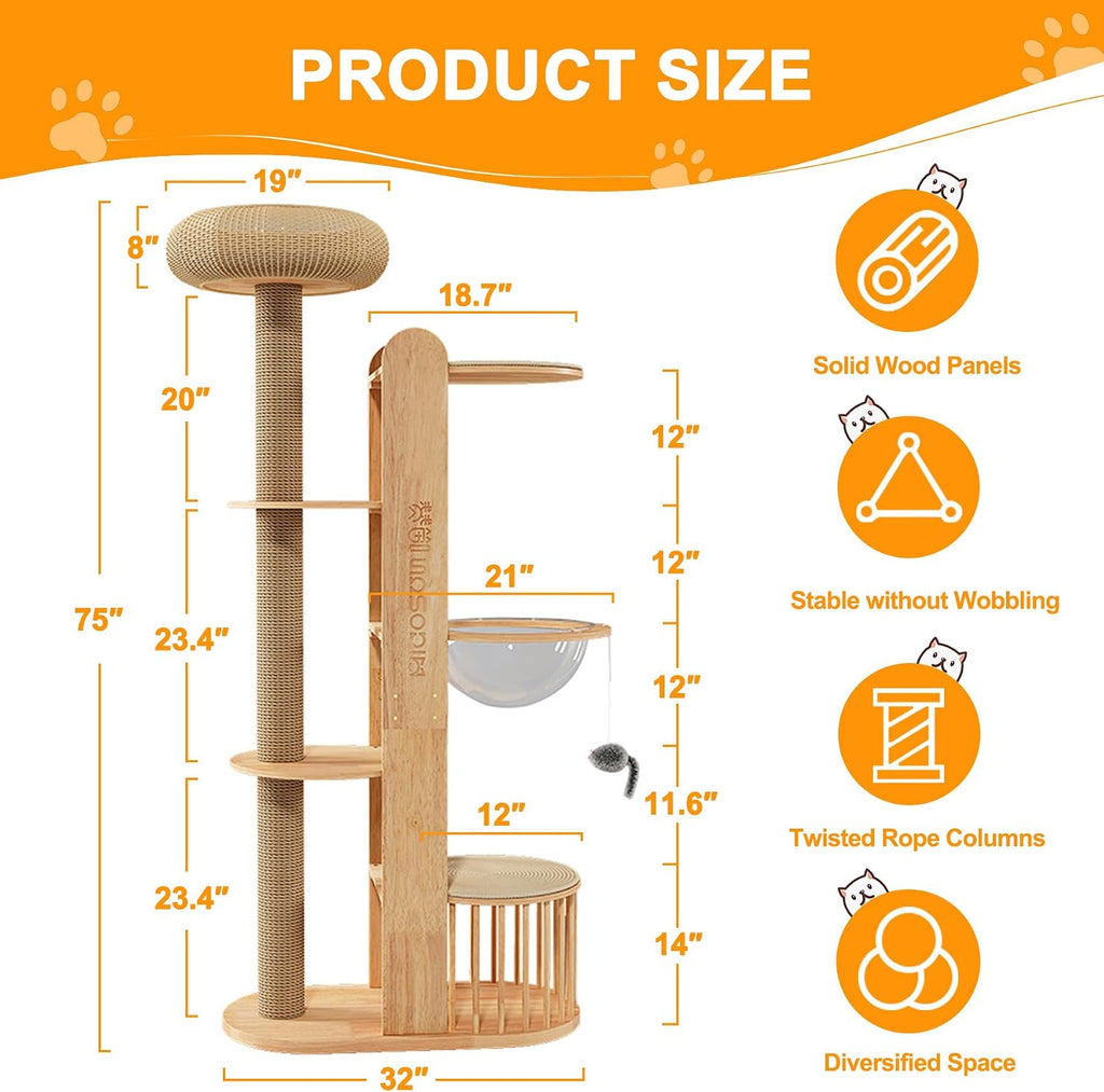 Solid Wooden Cat Tree Tower for Indoor Cat Large Adult with Scratching Post
