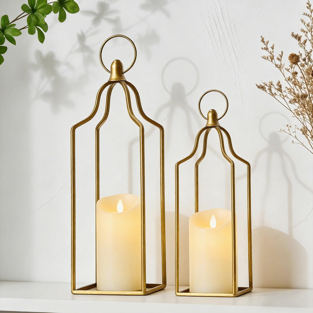 Rustic Farmhouse Decor Metal Lantern Set of 2 Decorative Lanterns Indoor Outdoor Living Room, Fireplace, Patio