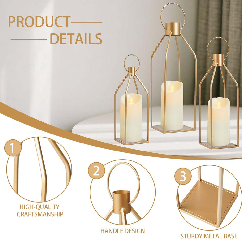 Elegant Gold Decorative Lanterns Set of 3-19/16/13 Inch Metal Indoor Lanterns Decorative with Flickering LED Candles