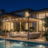 10x12 FT Retractable Pergola with Solar LED Lights, Wood-Grain Aluminum Frame, Water & UV-Resistant Adjustable Canopy