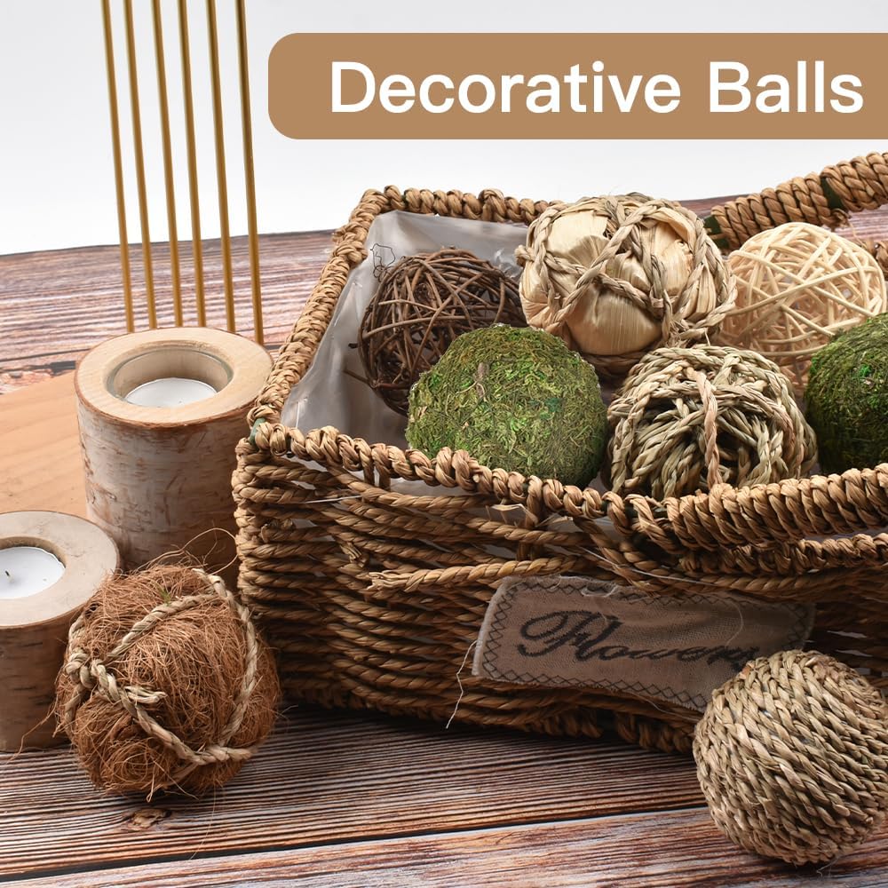 Decorative Filler Balls for Centerpiece , Decorative Wicker Rattan Balls Natural Tones Vase & Bowl Fillers - Set of 8