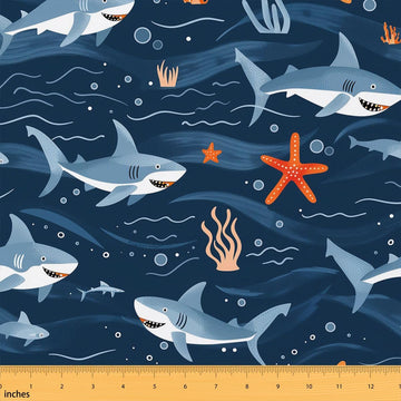 Cute Sharks Fabric by The Yard Abstract Sea Wave Upholstery Fabric for Chairs Sofa Cartoon Marine Life DIY Flannel
