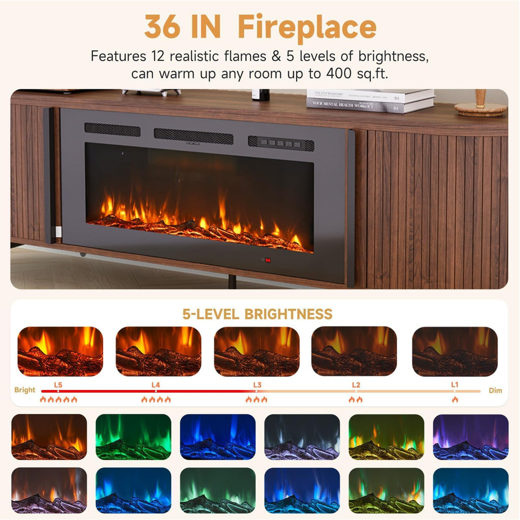 Fluted Fireplace TV Stand, 70 inch, Brown