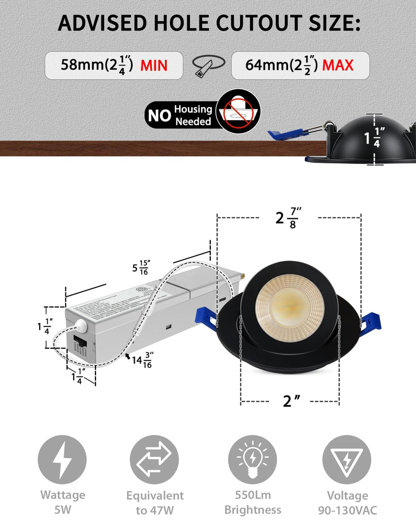 4 Pack 2 inch 5CCT Black LED Gimbal Recessed Light, 5W=50W 550LM,120V