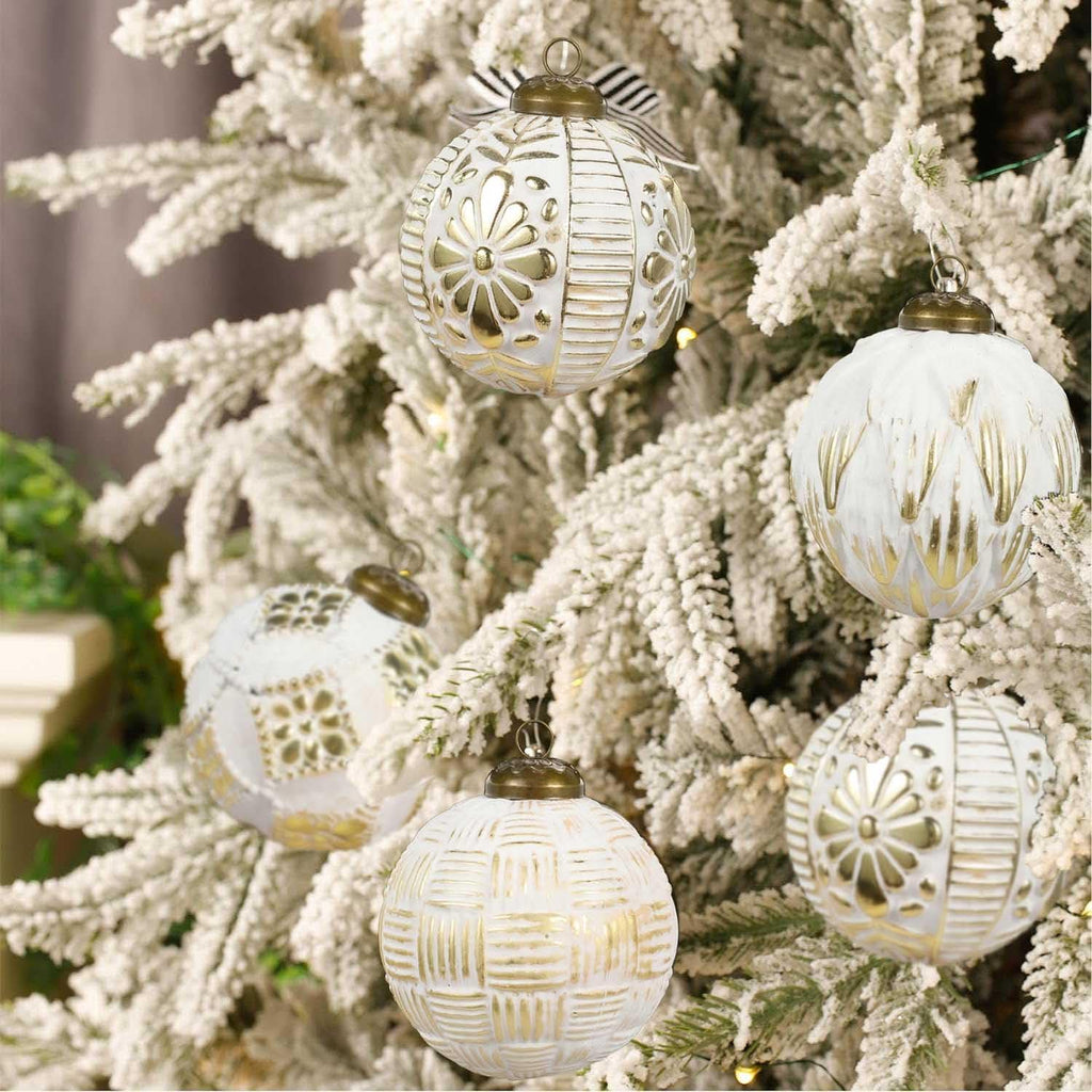 Christmas Ball Ornaments Set, 80mm Elegant White and Gold Assorted Xmas Tree Ball Ornaments, Shatterproof - Set of 12