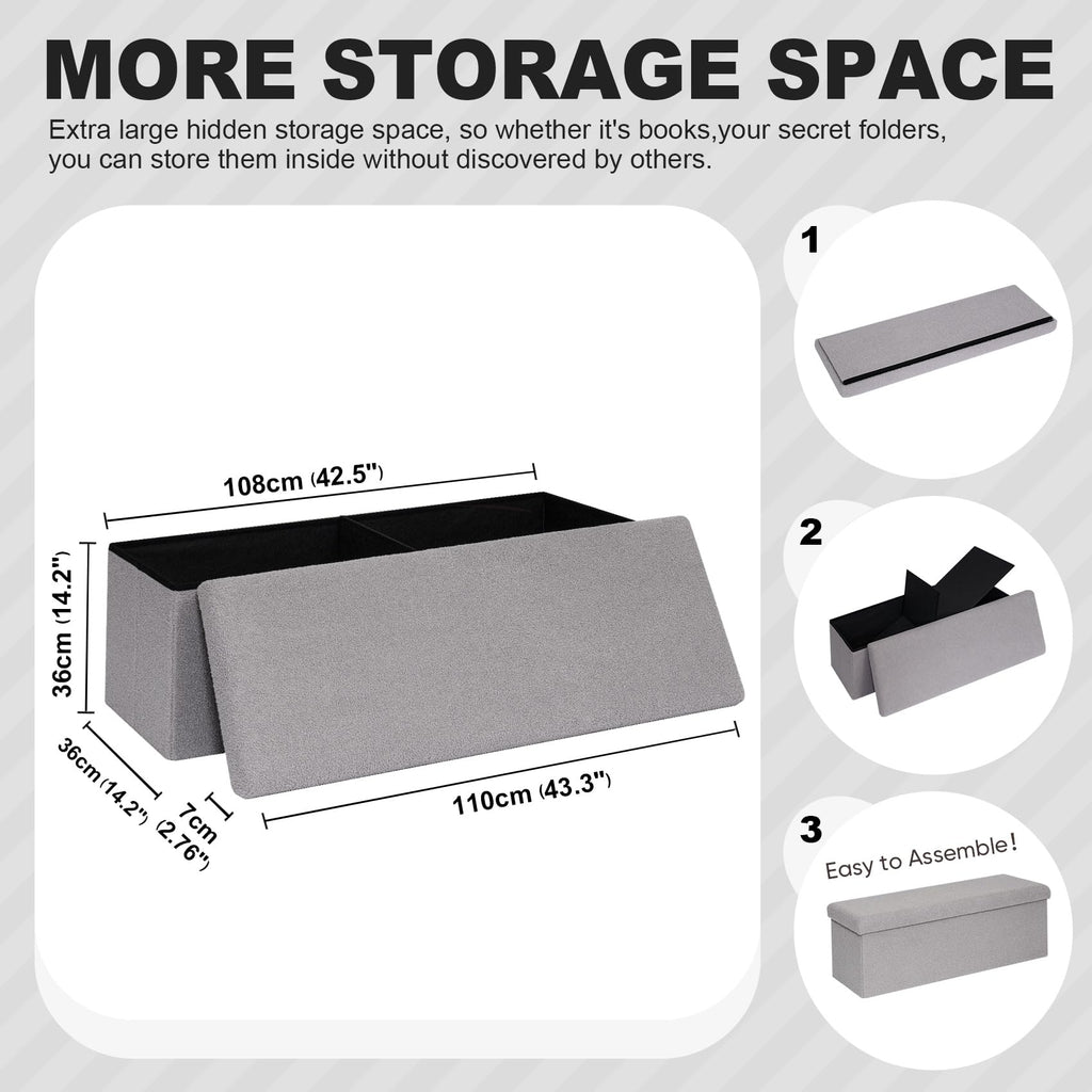 Folding Storage Ottoman Bench, Grey Boucle Square