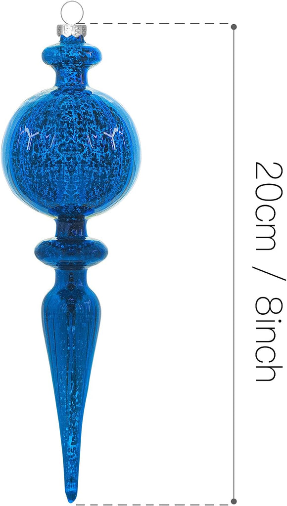Finial Mercury Glass Christmas Ornaments Blue 4pcs 8-Inch Large Hanging Christmas Tree Decorations for Xmas Tree