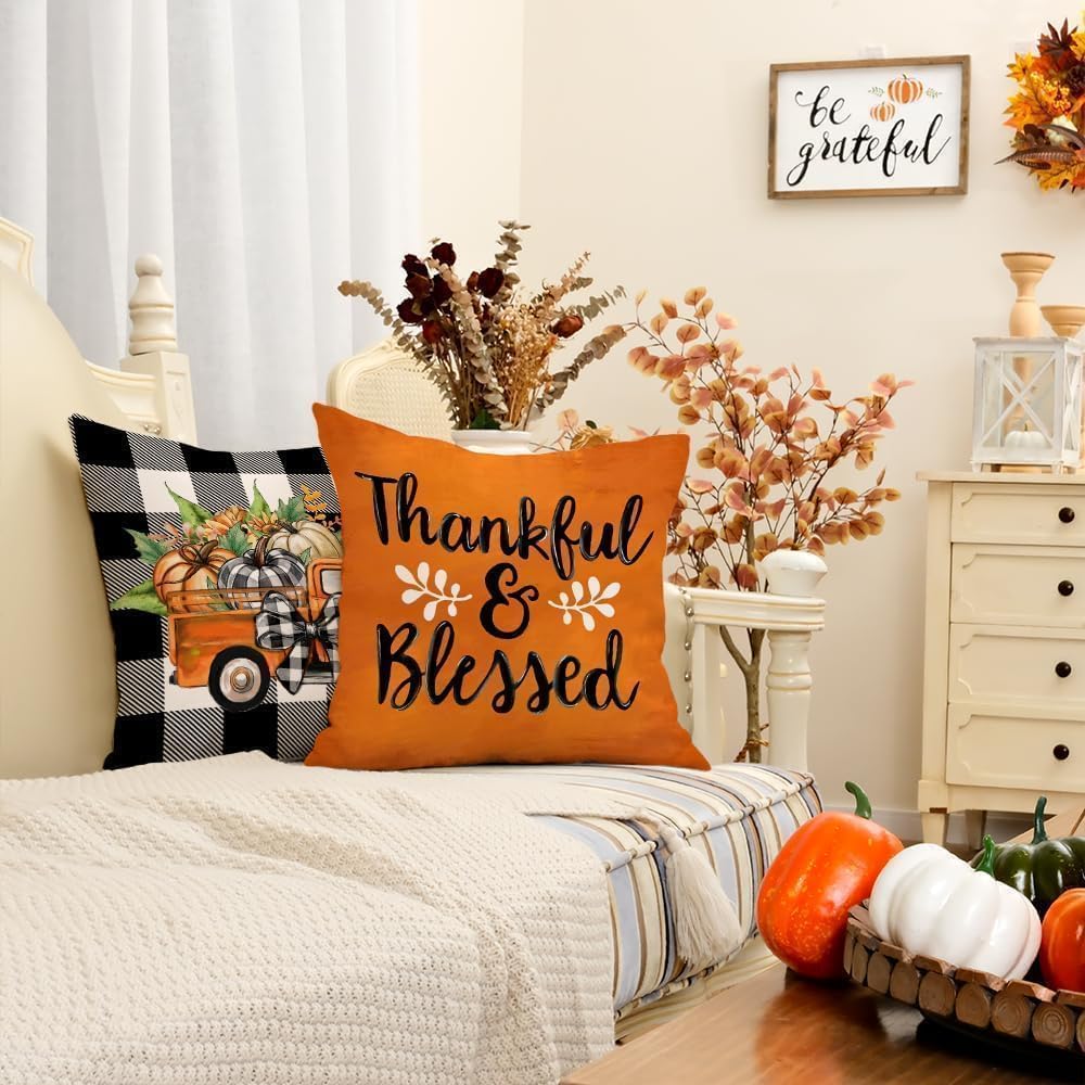 Fall Buffalo Plaid Pumpkin Throw Pillow Covers 18 x 18 Inch - Set of 4