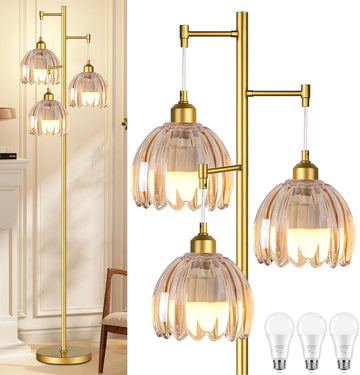 Gold Floor Lamps Vintage Floor Lamp with Glass Lmapshape & Three Led Bulb,Green Floor Lamp Brass Mid Century Modern