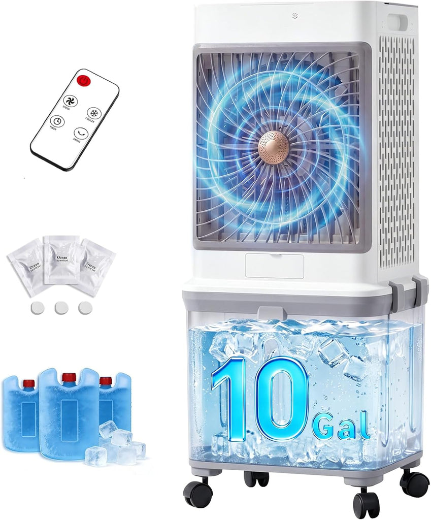 Upgraded Cooling 10 Gallon Evaporative Air Cooler, Swamp Cooler with 120° Oscillation, 7-Hour Timer, Remote Control