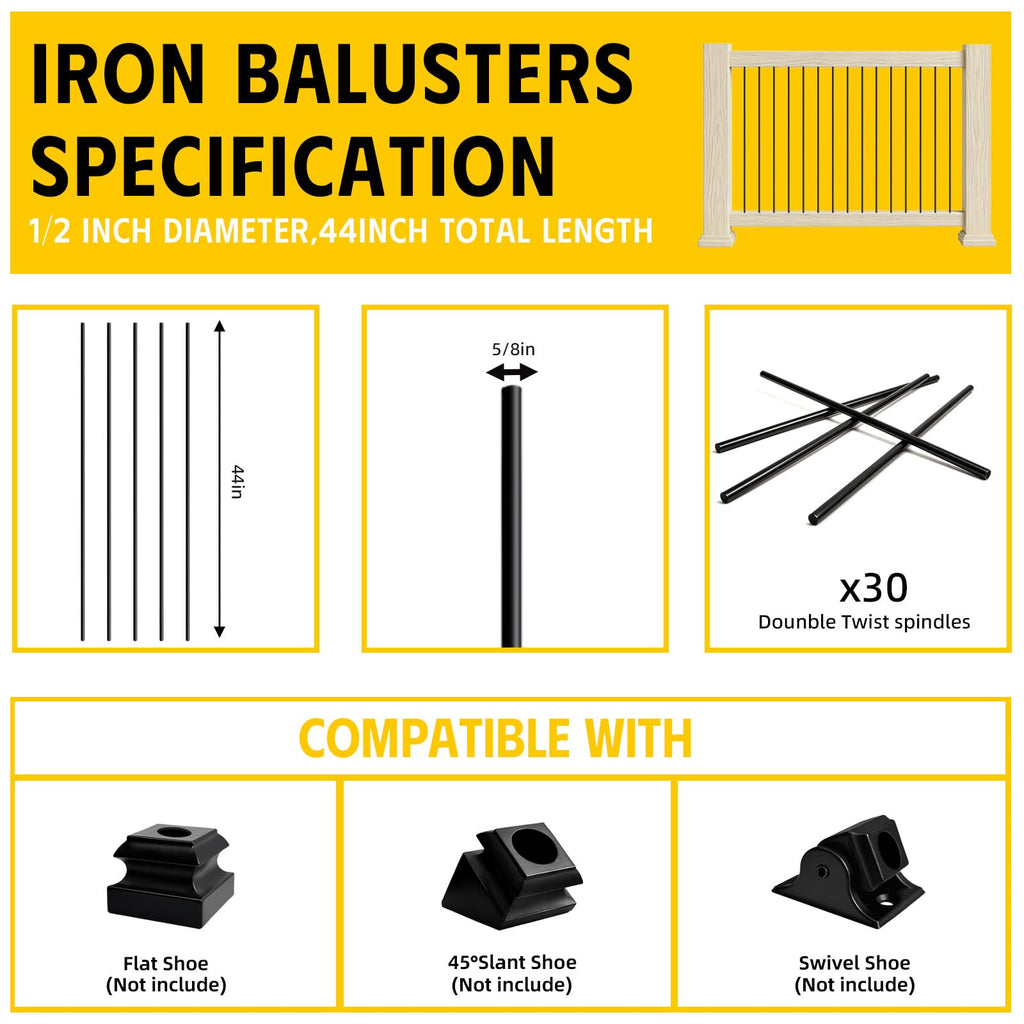 Wrought Iron Balusters (Set of 30), Round Hollow Straight Stair Spindles, Decorative Metal Balusters Spindles for