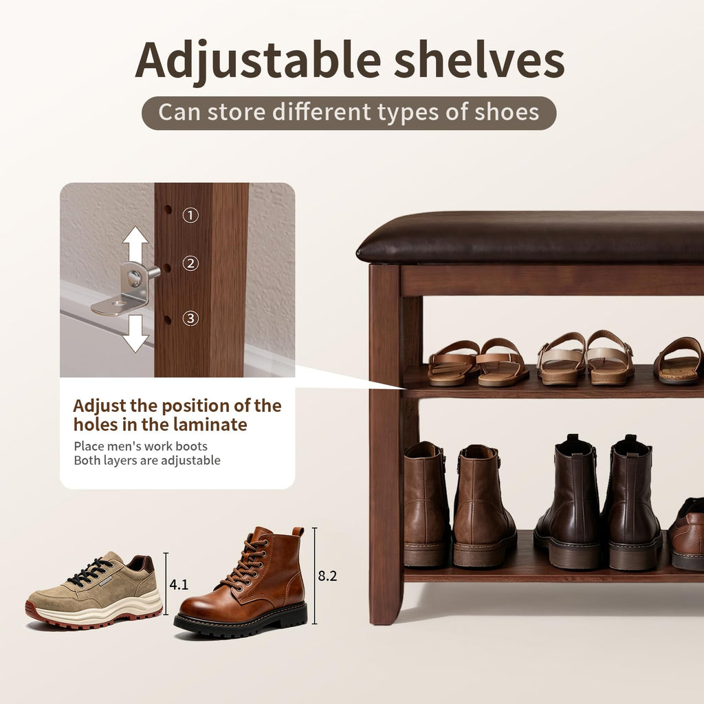 Solid Wood Shoe Rack Bench Bench with Leather Cushion