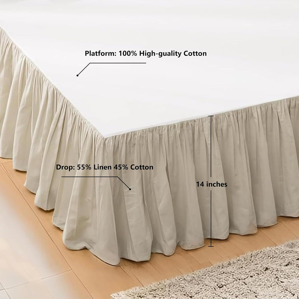 Soft Cozy French Linen Bed Skirt with Pleated Frills - 14" Tailored Drop Dust Ruffle for Farmhouse & Modern Bedrooms