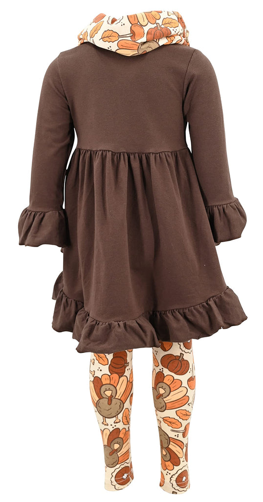 Girls 3 Piece Turkey Pie Thanksgiving Clothes Legging Outfit (, Brown)