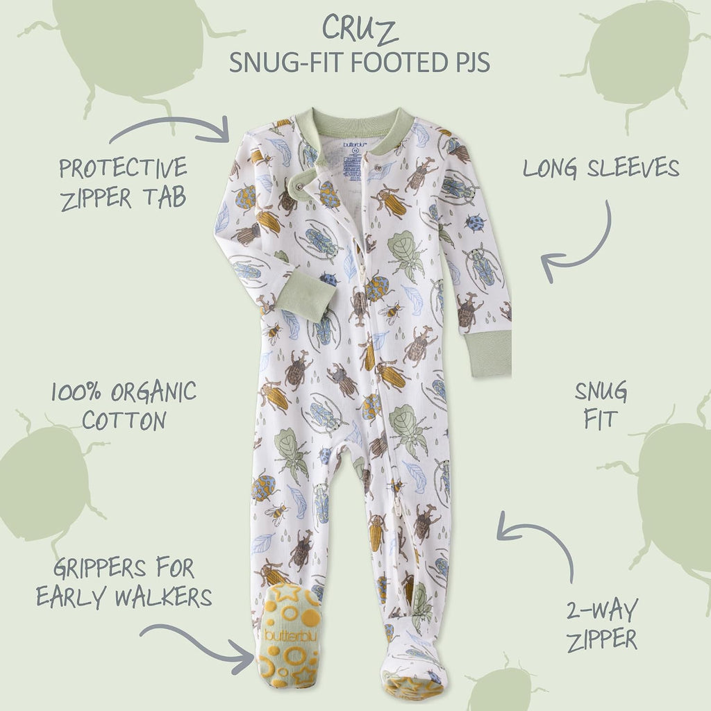 Cruz Snug-fit Footed Pajamas 100% Organic Cotton Zip Front PJs