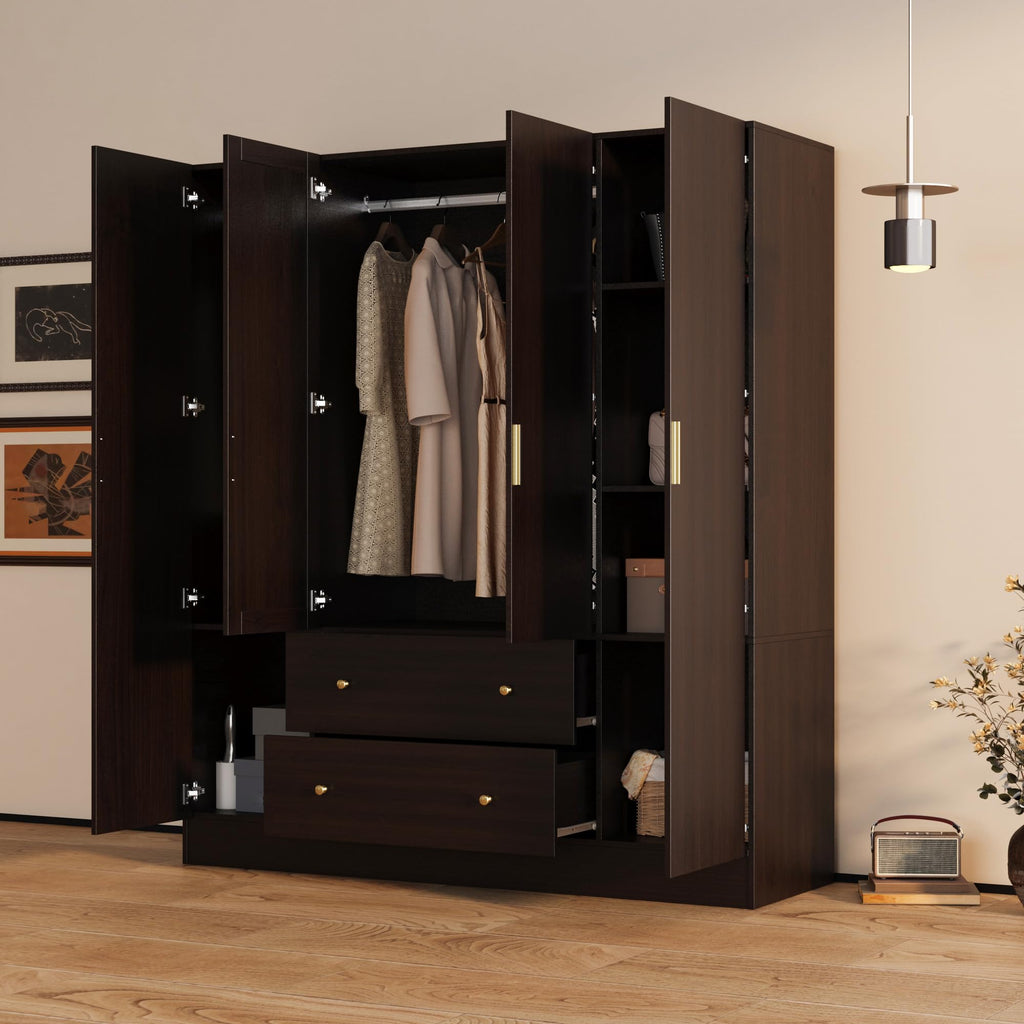 Large Bedroom Wardrobe Closet with 1 Mirror & 2 Drawers, 70.9" H Tall Armoire Clothes Closet with Doors and Shelves