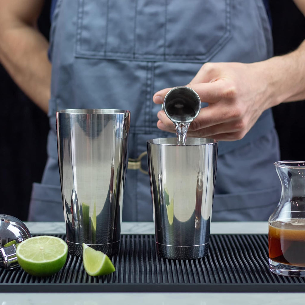 Professional Cocktail Shaker Set Bartending Kit: Weighted Boston Shaker Tins, Hawthorne Strainer and Japanese Jigger - Set of 4