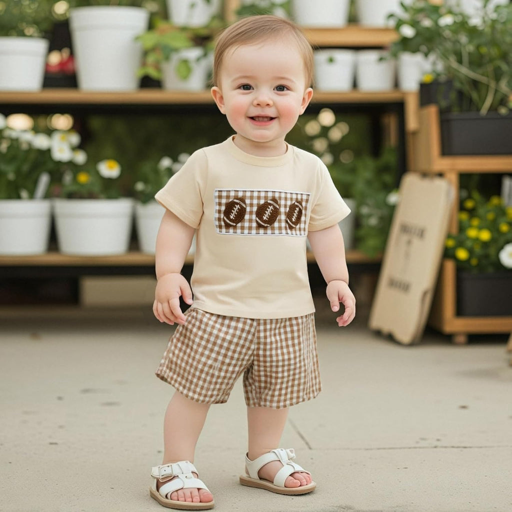 Kids Baby Boy Girl Football Outfit Embroidery Short Sleeve Shirt Plaid Shorts Cute Toddler Clothes Clothing Set