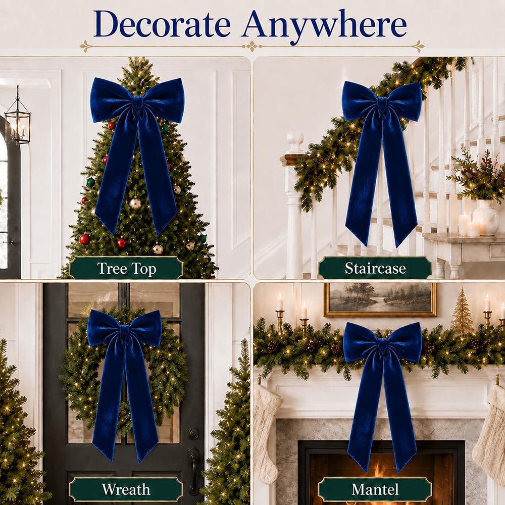 Large Velvet Christmas Tree Topper Bow Ornament (Navy Blue)