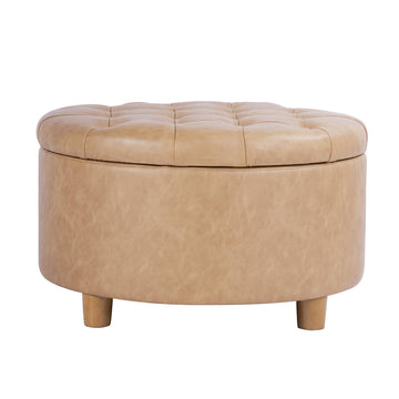 28" Round Button-Tufted Storage Ottoman – Light Camel Faux Leather