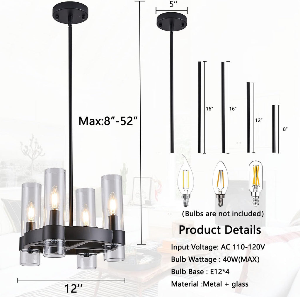 Small Farmhouse 4-Light Black Wagon Wheel Chandelier with Round Glass Shades 12 Inch Industrial Ceiling Light Fixture for Kitchen Island, Hallway, Small Bedroom A115-B0DPMT75S7
