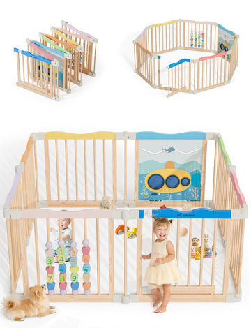 Foldable Wooden Playpen, 55 x 55 x 24 inches, Ocean Adventure, Colorful | Adjustable Wood Baby Play Yard with