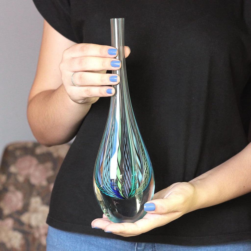 Murano Style Art Glass Drop Vase Hand Blown Blue Boho Effect Home Decor