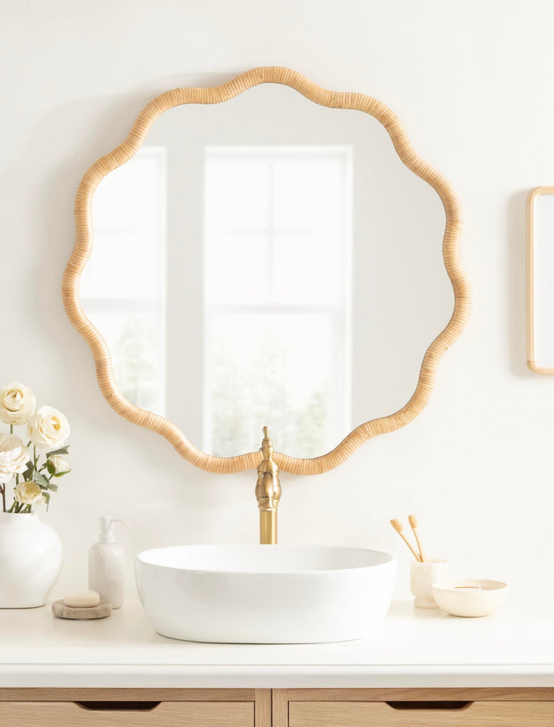 Rahfy Boho Scalloped Round Rattan Mirror, 32 Inch Diameter, Natural Wood, Decorative Round Wavy Mirror with Authentic