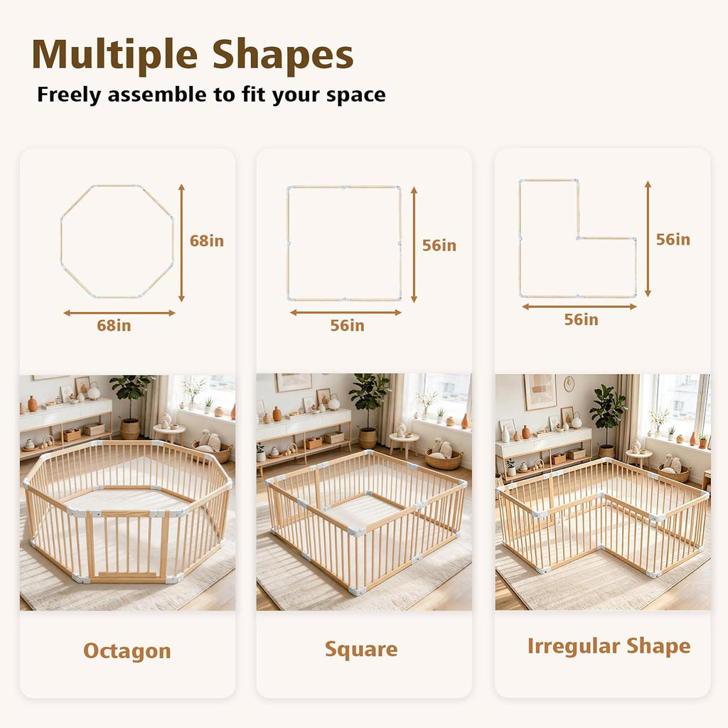 Baby Playpen, 56 * 56 * 24 inches Wooden Play Yard with Gate for Babies | Child-Proof Lock, Activity Center