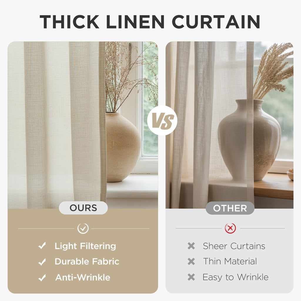 Curtains, 108 Inches Long, 2 Panels Set, Farmhouse Drapes, Semi-Blackout, Linen-Polyester, Ivory on Linen, Rod Pocket