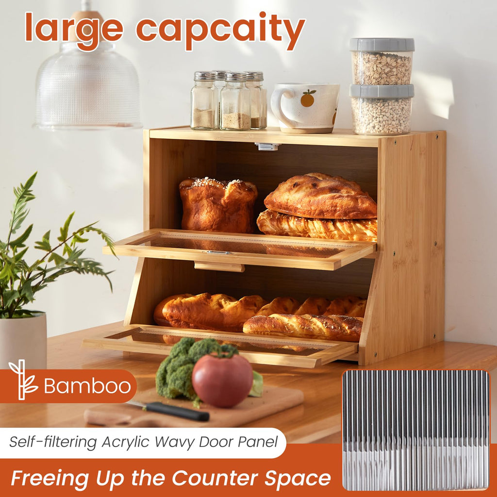 Double Layer Bamboo Counter,Large Capacity Bread Storage Bin,Bread Container with Acrylic Wavy Door Panel (Natural